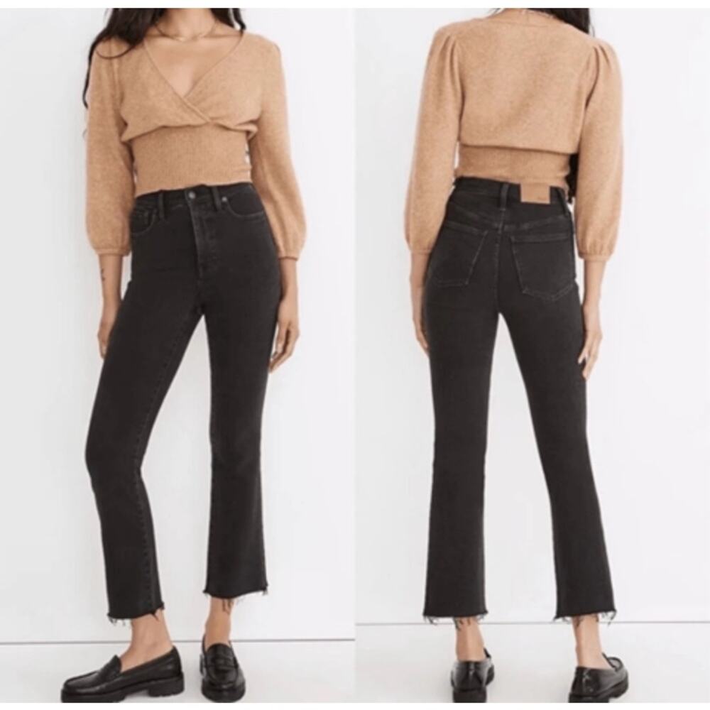 Madewell Cali Demi Boot Black Denim Bootcut Ankle Jeans Bayland Wash Raw Hem 37T